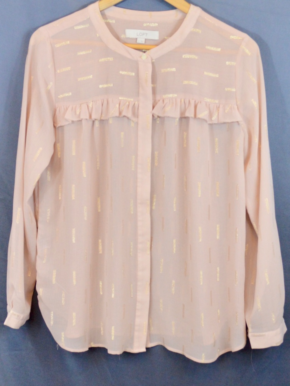 LOFT Metallic Gold Foil Dash Stripe Ruffle Blouse Blush Pink Small